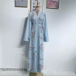 Sky blue open front belt tie abaya